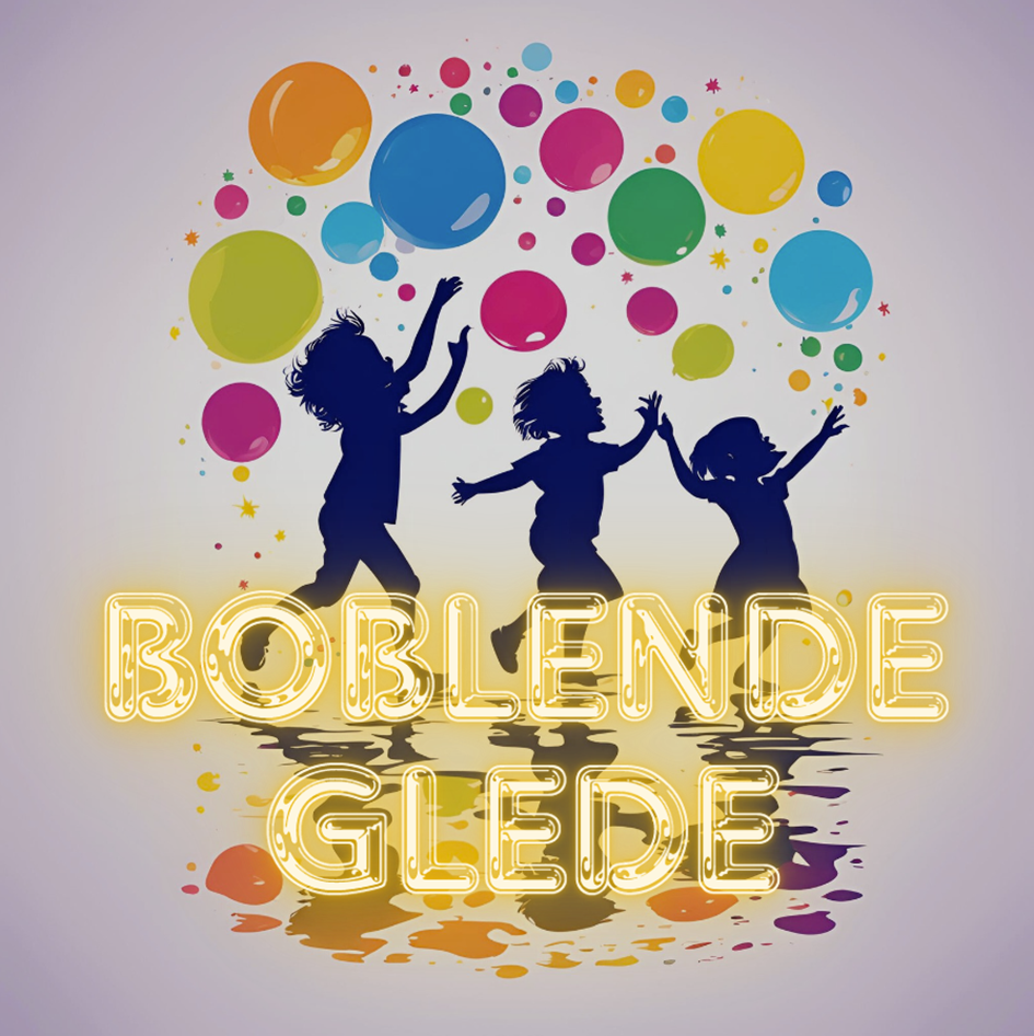 illustrasjon av barn med ballonger med teksten Boblende Glede